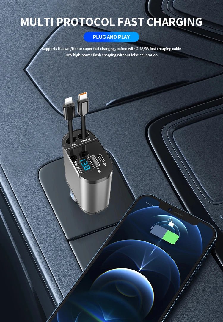4 IN 1 120W Retractable Car Charger USB Type C Car Cigarette Lighter Fast Charger Cable For IPhone Xiaomi Huawei Samsung - Image 8