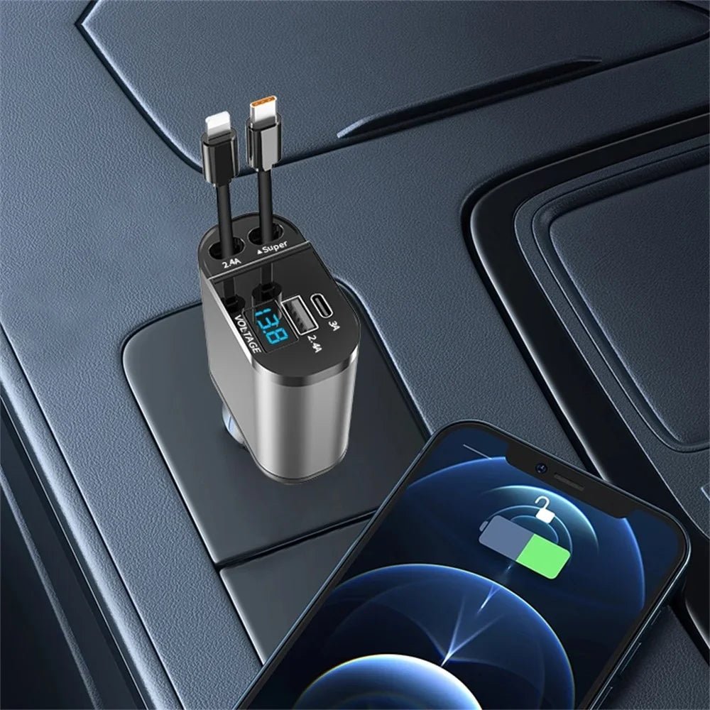 4 IN 1 120W Retractable Car Charger USB Type C Car Cigarette Lighter Fast Charger Cable For IPhone Xiaomi Huawei Samsung - Image 3